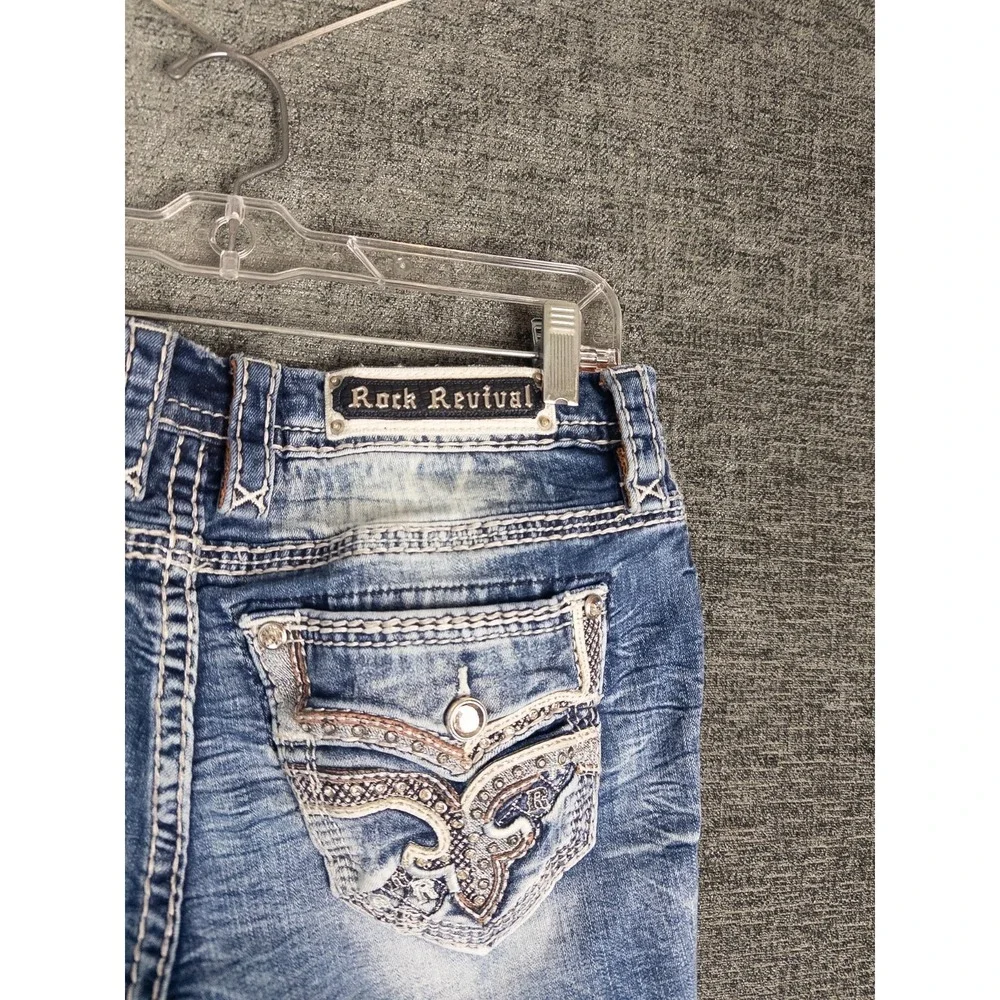 Rock Revival Jeans Womens 28 Yandel‎ Blue Mid Rise Cropped Rhinestone Distressed
